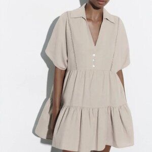 Zara Linen Blend Lace Trim Dress Short Sleeve Beige Size Small